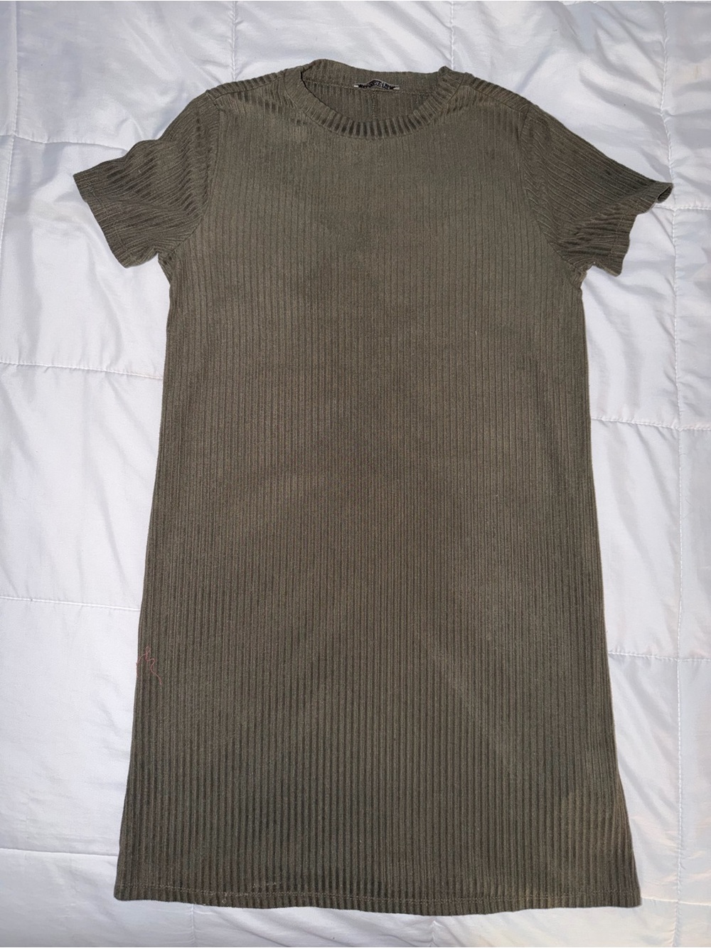 ZARA Olive Green Ribbed Short-Sleeve Mini Dress - Large